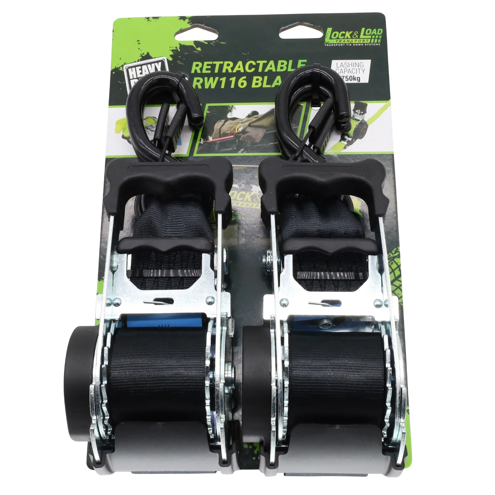 Pair of Black Retractable Ratchet Straps with Safety Clips 50mm Wide 3m Long - RW116 - Image 10