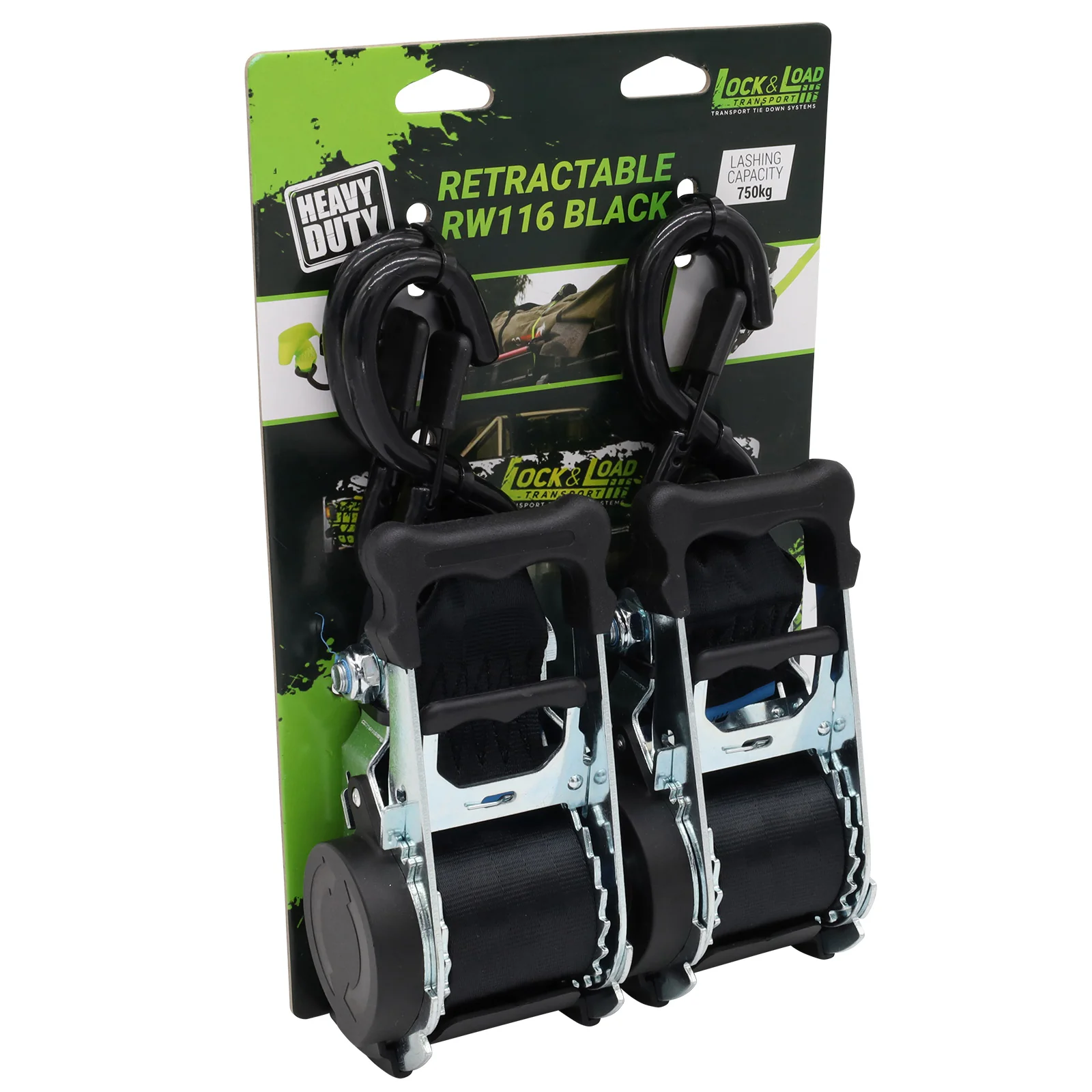 Pair of Black Retractable Ratchet Straps with Safety Clips 50mm Wide 3m Long - RW116 - Image 9