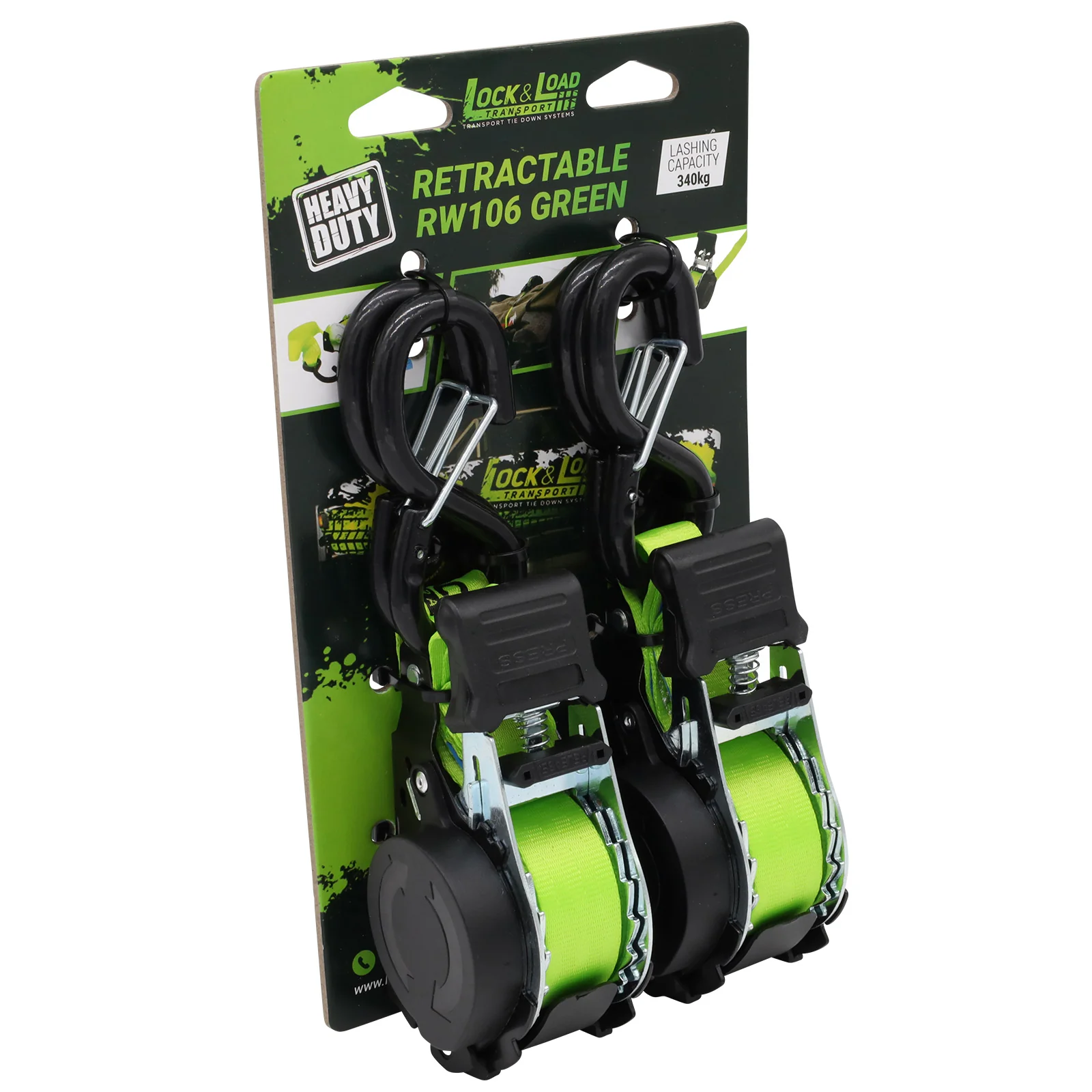Pair of Green Retractable Ratchet Straps with Safety Clips 25mm Wide 3.6m Long - RW106 - Image 7