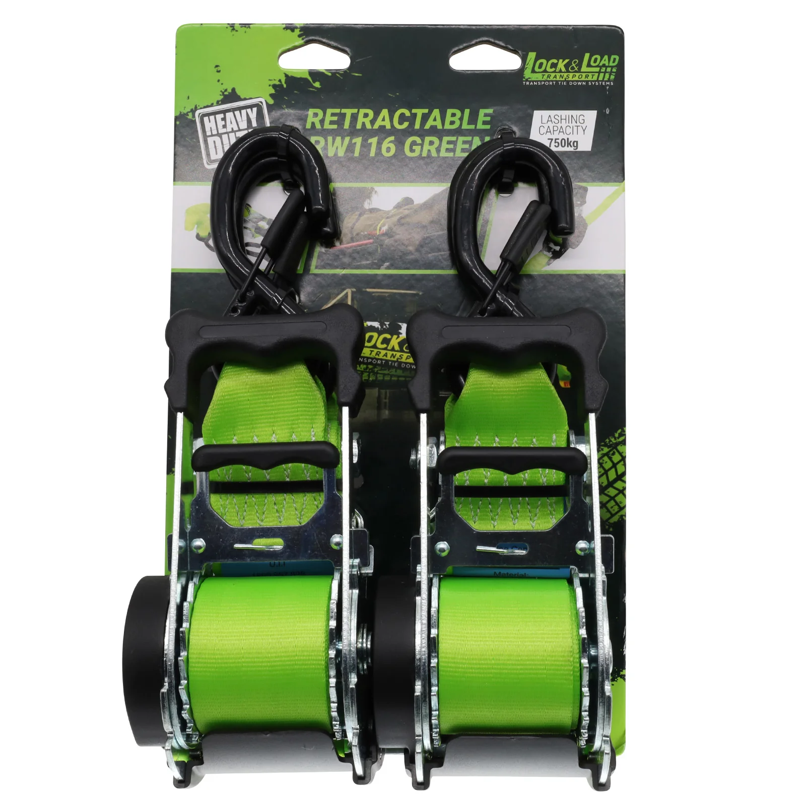 Pair of Green Retractable Ratchet Straps with Safety Clips 50mm Wide 3m Long - RW116 - Image 3